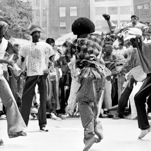 תמונה ישנה בשחור-לבן של קרב ריקודי רחוב בברונקס, ניו יורק במהלך שנות ה-70.