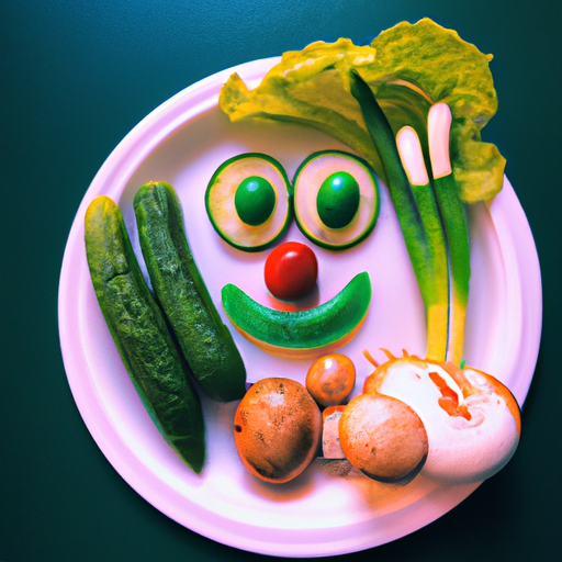 תמונה המציגה צלחת של ירקות מסודרים בצורה יצירתית, שעוצבה להיראות כמו דמות כיפית.