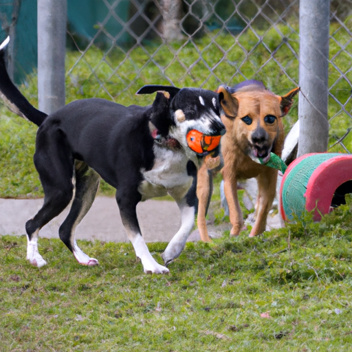1. תמונה המציגה כלבים משחקים בשטח חיצוני מרווח ונקי של פנסיון כלבים.