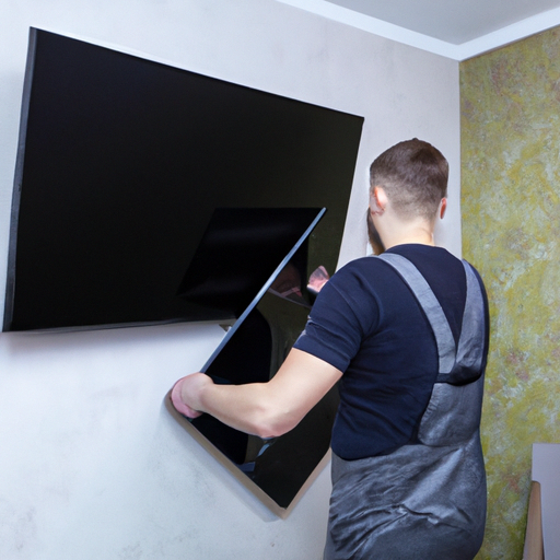 מתקין טלויזיה מקצועי המרכיב בחריצות טלוויזיה בעלת מסך שטוח על הקיר.