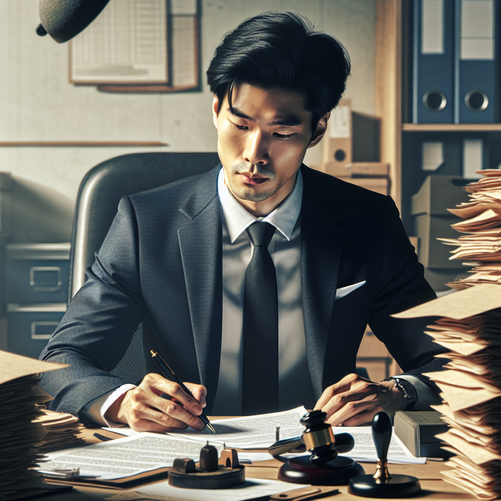 תמונת נוטריון בעבודתו, יושב לשולחן במשרד עם ערמות מסמכים מסביבו