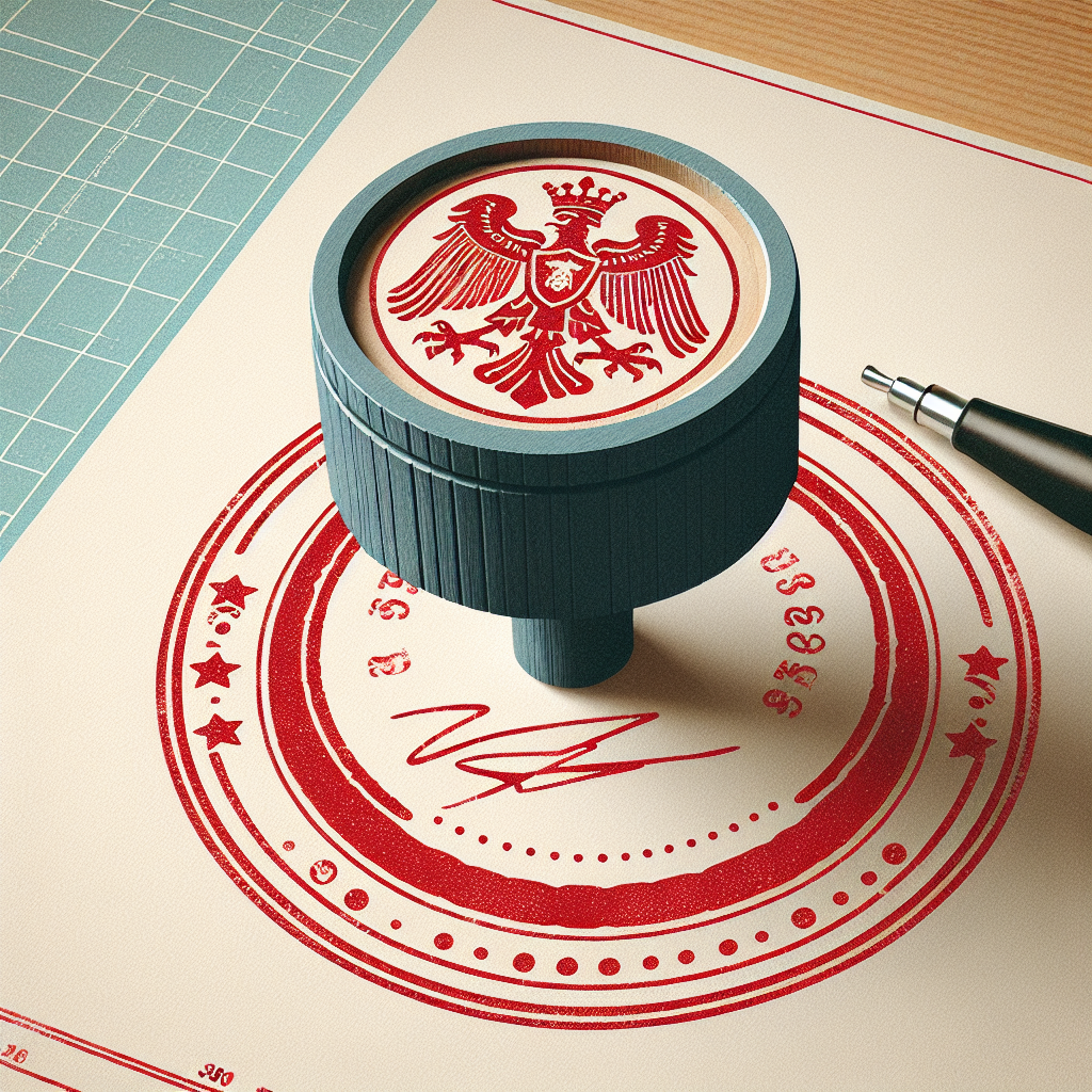 איור של חתימה נוטריון על מסמך רשמי, מסומנת בחותמת אדומה גדולה